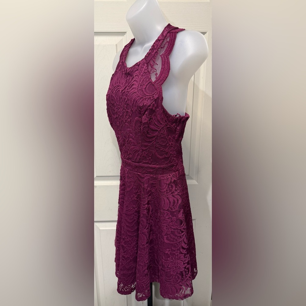 City Triangles Sleeveless Lace Dress in Sparkly Rich Raspberry
